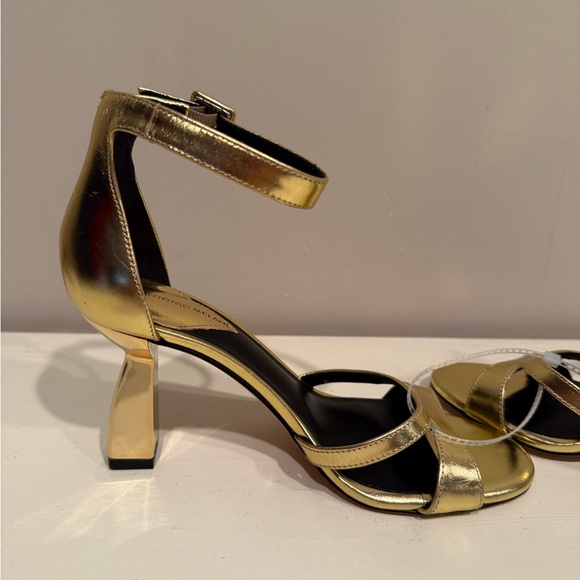Antonio Melani Calla Leather Double Banded Dress Sandals in Cracked Foil Gold - Picture 6 of 15